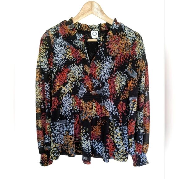 Anthropologie Akemi + Kin Top Adria Smocked Black Fall Floral Peasant Small - Picture 1 of 9